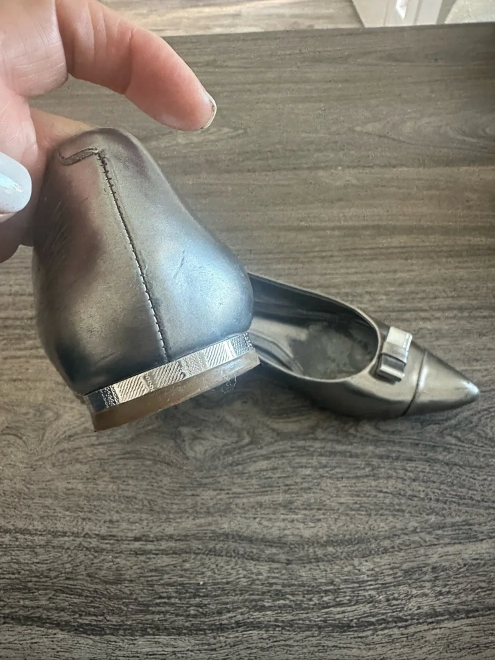 Coach Metallic Silver Pointed Toe Flats with Bow Detail